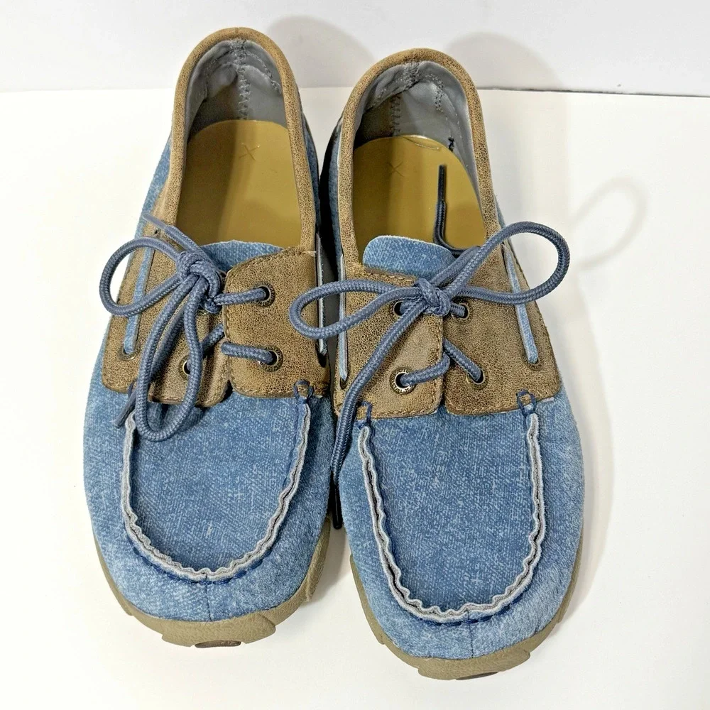 Twisted X Youth 4.5M Driving Mocs Lace Up Blue Denim Canvas Brown Leather Shoes